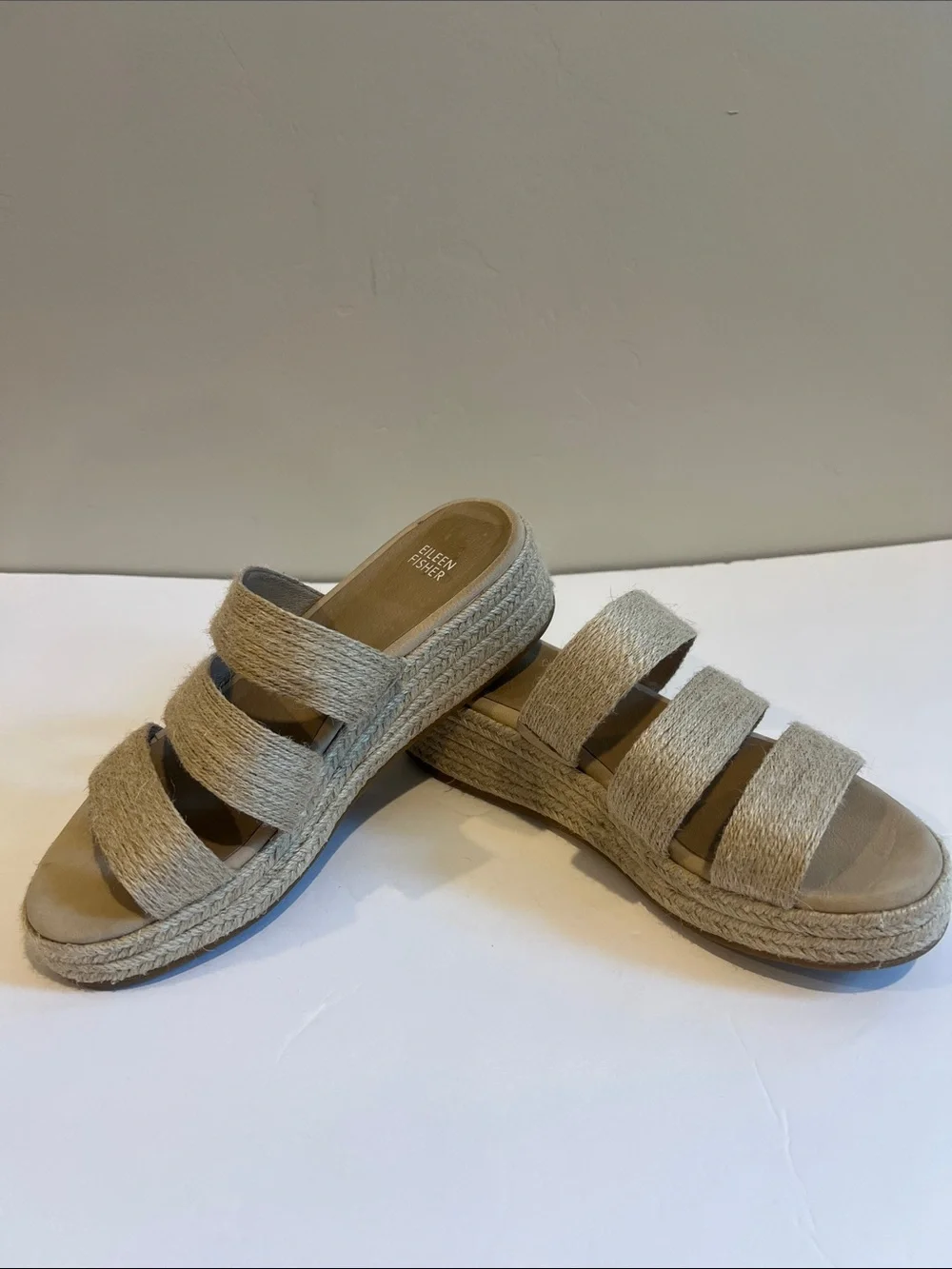 Eileen Fisher Beige Jute Triple-Strap Platform Slides